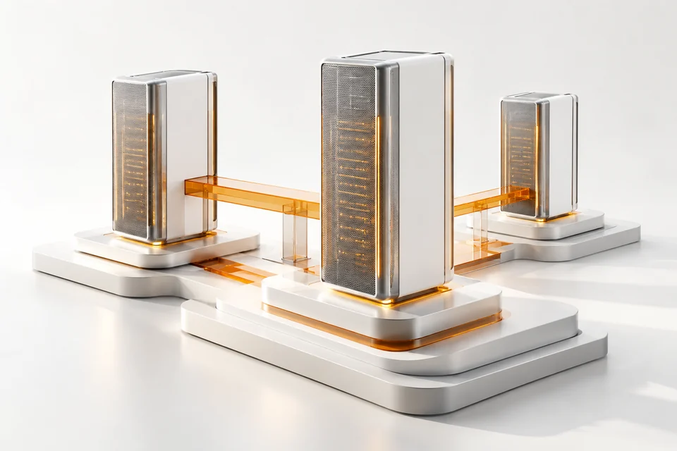 White server towers linked by amber bridges representing connected infrastructure