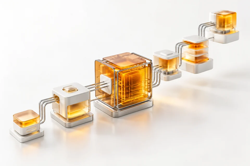 Connected amber and silver processing modules representing intelligent workflows